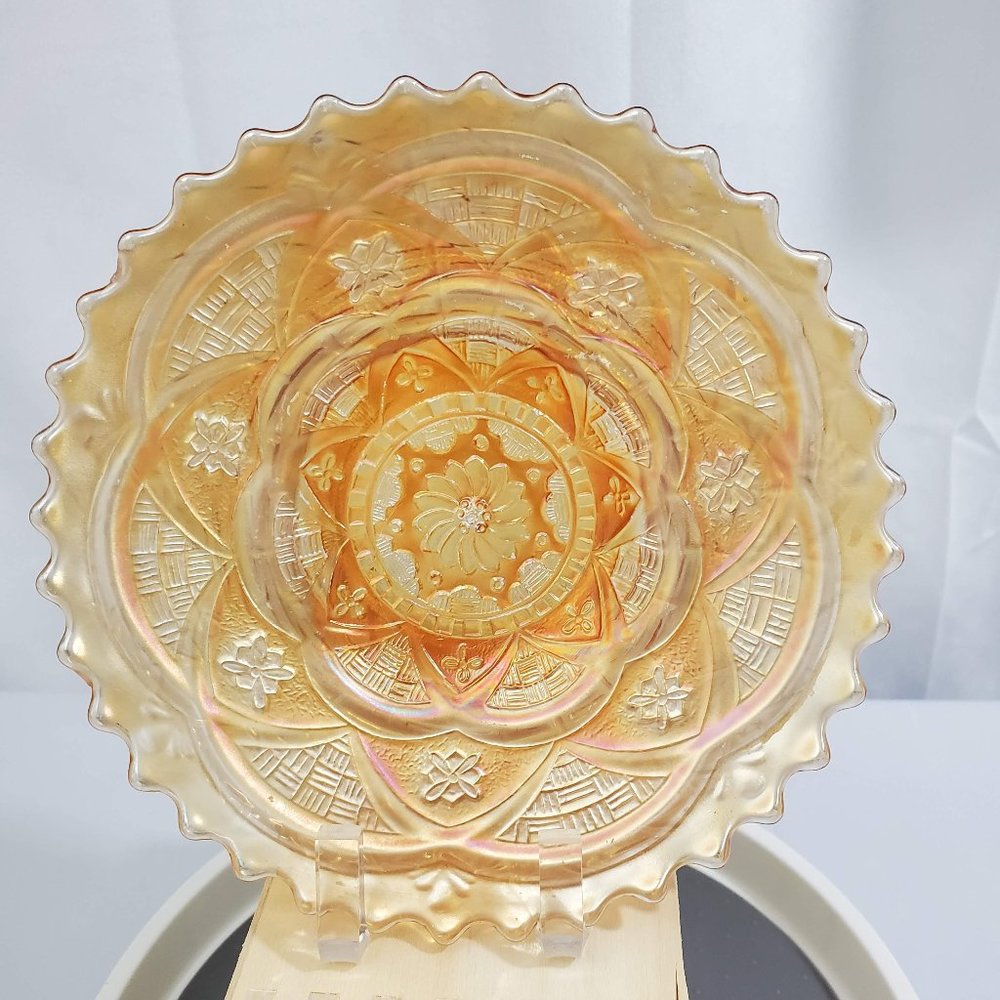 Antique Dugan Glass Persian Garden Peach Carnival Glass Candy Dish